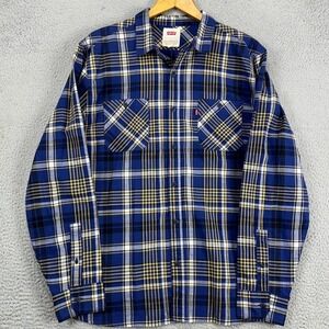 Levis Button Up Shirt Mens Large Blue Yellow Plaid Red Tab‎ Flap Pocket Cotton